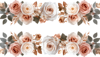 Floral arrangement of roses and leaves, symmetrical design on a black background