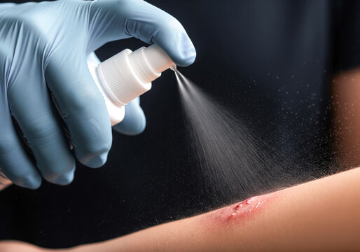 Paramedic in gloves spraying an antiseptic disinfectant on a bleeding abrasion emergency first aid treatment