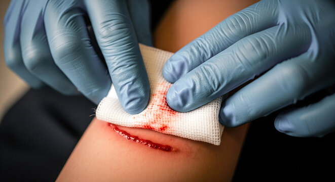 First responder applying direct pressure with a sterile gauze pad to a bleeding wound to stop the bleeding