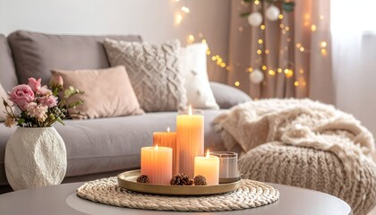 Cozy living room with soft lighting, candles, and decorative elements creating a warm atmosphere