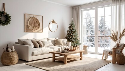 Cozy winter living room with a decorated Christmas tree, large windows revealing a snowy landscape outside