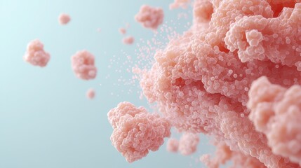 Microscopic pink nanostructures suspended against a soft blue background, representing the essence of nanotechnology and cellular formations.