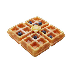 Golden brown square waffles topped with butter and blueberries dusted with powdered sugar and syrup on a transparent background