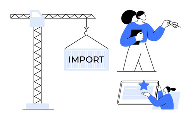 Crane lifting import container, businesswoman with clipboard, person working on digital tablet. Ideal for business, logistics, trade, teamwork, shipping digital tools strategy. Simple flat metaphor