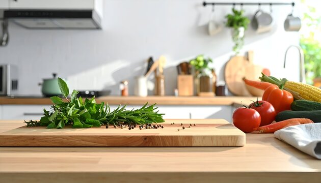 Fresh herbs and vegetables arranged on a wooden cutting board in a bright kitchen, preparing for cooking - Powered by Adobe