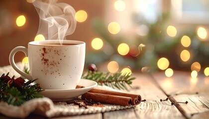 Obraz premium Cozy cup of hot chocolate with cinnamon sticks on a wooden table, surrounded by festive decorations and lights
