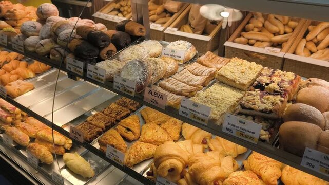 A display of assorted fresh pastries and bread inside a bakery shop in the Czech Republic, showcasing a variety of baked goods in a warm and inviting atmosphere.