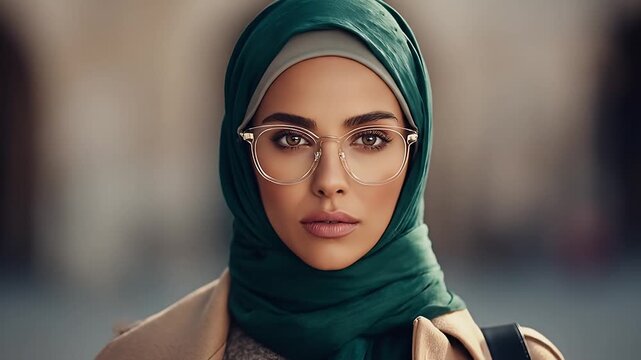 Portrait of a woman wearing a green hijab and clear framed glasses, with a blurred urban background. She wears a tan jacket and neutral sweater. A black strap is visible on her shoulder