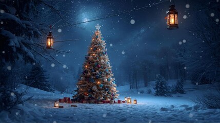Enchanting Winter Christmas Tree Scene With Lanterns, Snow, and Gifts Under a Starry Night