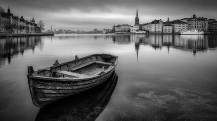 Old Wooden Rowboat Reflections Serene Cityscape Black White