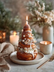 A creative croissant shaped like a Christmas tree, decorated with sugar pearls, icing, and a lit candle. This festive pastry is served on a plate in a cozy, blurred setting with holiday candles.