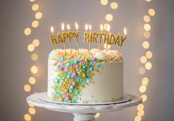 Festive birthday cake with lit candles and colorful sprinkles, celebrating a special occasion with bokeh lights in the background