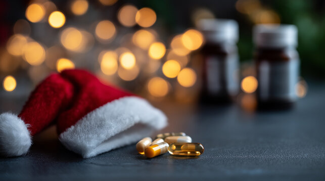 Santa hat releasing pharmaceutical capsules and pills faceless Christmas wellness defocused holiday background winter illness representation seasonal health issues holiday med