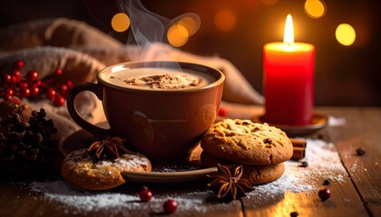 Cozy winter scene featuring a steaming cup of hot chocolate, cookies, and a glowing candle amidst festive decor
