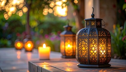 Decorative lanterns glowing softly on a garden table during sunset, creating a warm, inviting atmosphere
