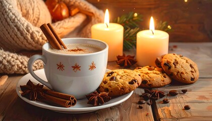 Cozy winter scene featuring a cup of spiced beverage with cookies, candles, and warm decor