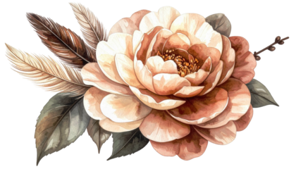 Watercolor illustration of a large, layered flower with feathers and leaves