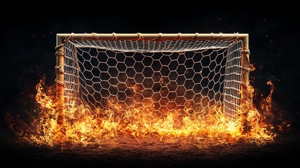 Fiery Soccer Goal in the Dark Intense Flames Engulf Metal Net