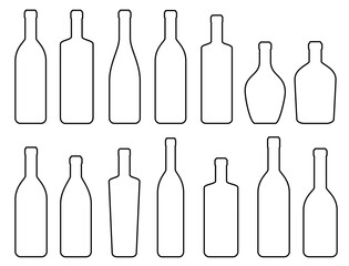 Alcohol drink set of isolated wine, vodka, cognac, liquor bottles linear silhouettes