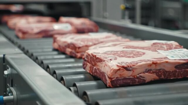 Raw meat on conveyor in a food processing plant, background blurred, ready for packaging
