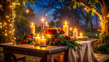 A beautifully decorated outdoor table with candles and flowers, set for a festive evening gathering under twinkling lights