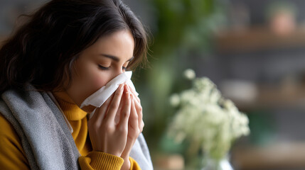 Faceless young woman with flu blowing nose using tissue defocused indoor background managing symptoms seeking relief cold or allergy season autumn winter illness respiratory
