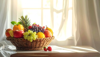 A vibrant assortment of fresh fruits arranged in a wicker basket on a sunlit table by a window
