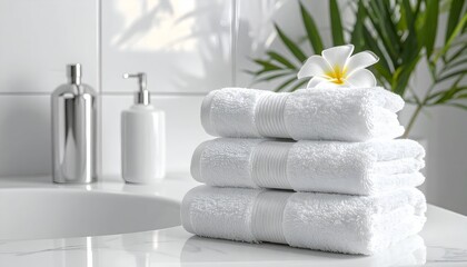 Stacked white towels with a flower in a serene bathroom setting, showcasing cleanliness and relaxation