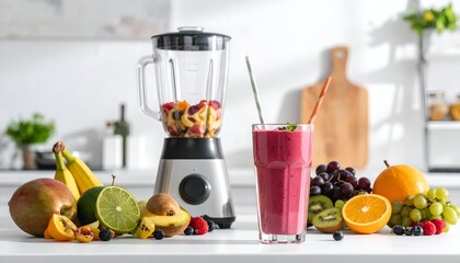 A vibrant kitchen scene featuring a blender with mixed fruits and a colorful smoothie in a glass