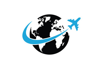 Global travel icon with blue airplane circling earth, world tourism business logo