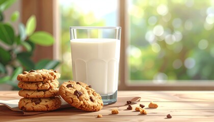 Freshly baked chocolate chip cookies and a glass of milk on a wooden table with a sunny garden background