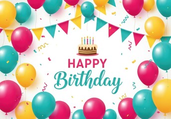 Happy birthday celebration with colorful balloons, festive bunting, and a delicious cake, perfect for party invitations and greetings