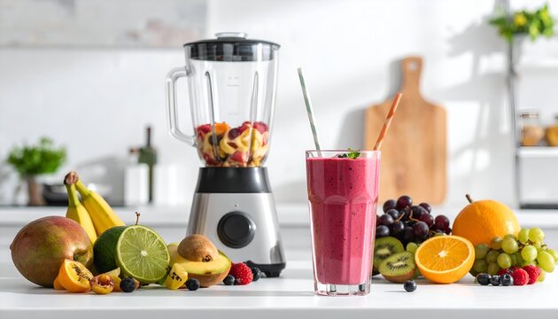 A vibrant kitchen scene featuring a blender with mixed fruits and a colorful smoothie in a glass - Powered by Adobe
