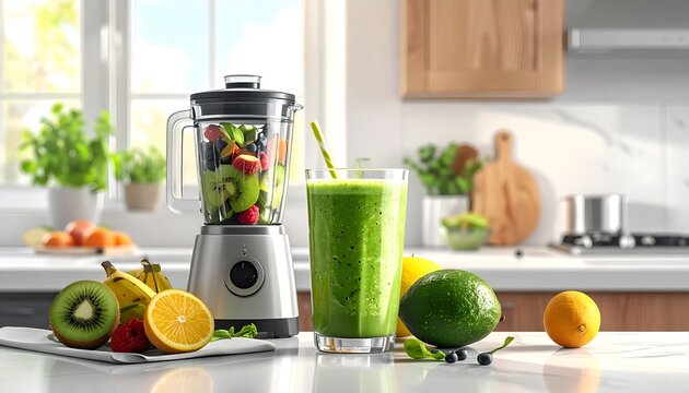 Freshly blended green smoothie with fruits in a modern kitchen setting, showcasing vibrant ingredients