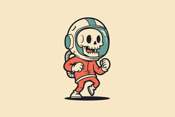 Cartoon Skeleton Astronaut Running in Space Suit.