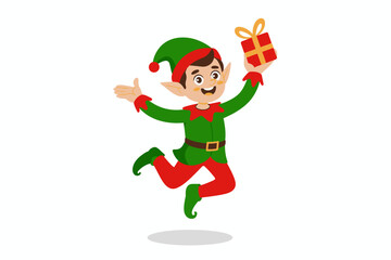 Joyful cartoon elf with gift box jumping with excitement