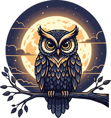 Mystical owl, full moon, night sky, glowing moonlight, dark forest, feather detail, wildlife art, fantasy bird, nature illustration, serene atmosphere
