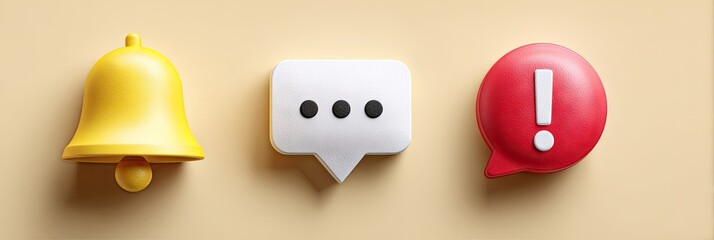 3D-rendered icons bell, speech bubble with ellipsis, and warning notification