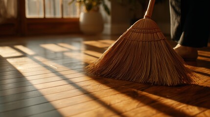 A low-angle shot of a straw broom sweeping a wooden floor, with warm morning sunlight casting long shadows. A cozy, wellness, and lifestyle concept of cleaning, chores, and housekeeping with copy spac