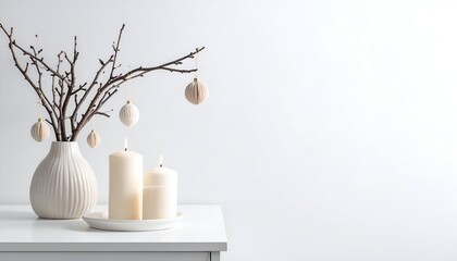Elegant arrangement of white candles and decorative branches on a minimalist table with soft lighting
