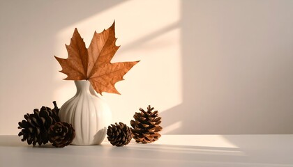 A serene autumn still life featuring a white vase with pinecones and a vibrant maple leaf against a soft backdrop