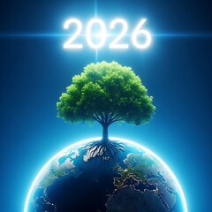 2026 new year concept with tree growing on earth globe background