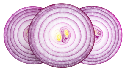 Three translucent red onion slices, centered against a black background