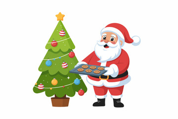 Fototapeta premium Jolly Santa Claus holding freshly baked cookies near a decorated Christmas tree