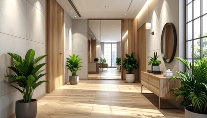 Modern interior hallway with wooden accents, lush plants, and large windows showcasing natural light