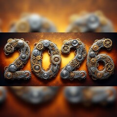 Steampunk 2026 new year design with gears and cogs for a creative concept