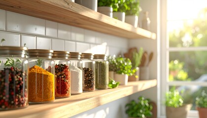 Bright kitchen shelf featuring jars of spices and herbs with sunlight streaming through the window
