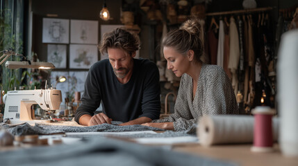 Two fashion designers working together on fabric in cozy sewing studio