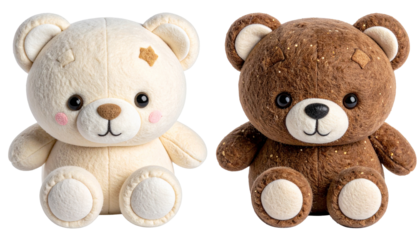 Two cute plush toy bears, one cream and one brown, isolated on black