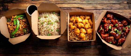 Delicious Chinese Food Delivery Spread on Wood